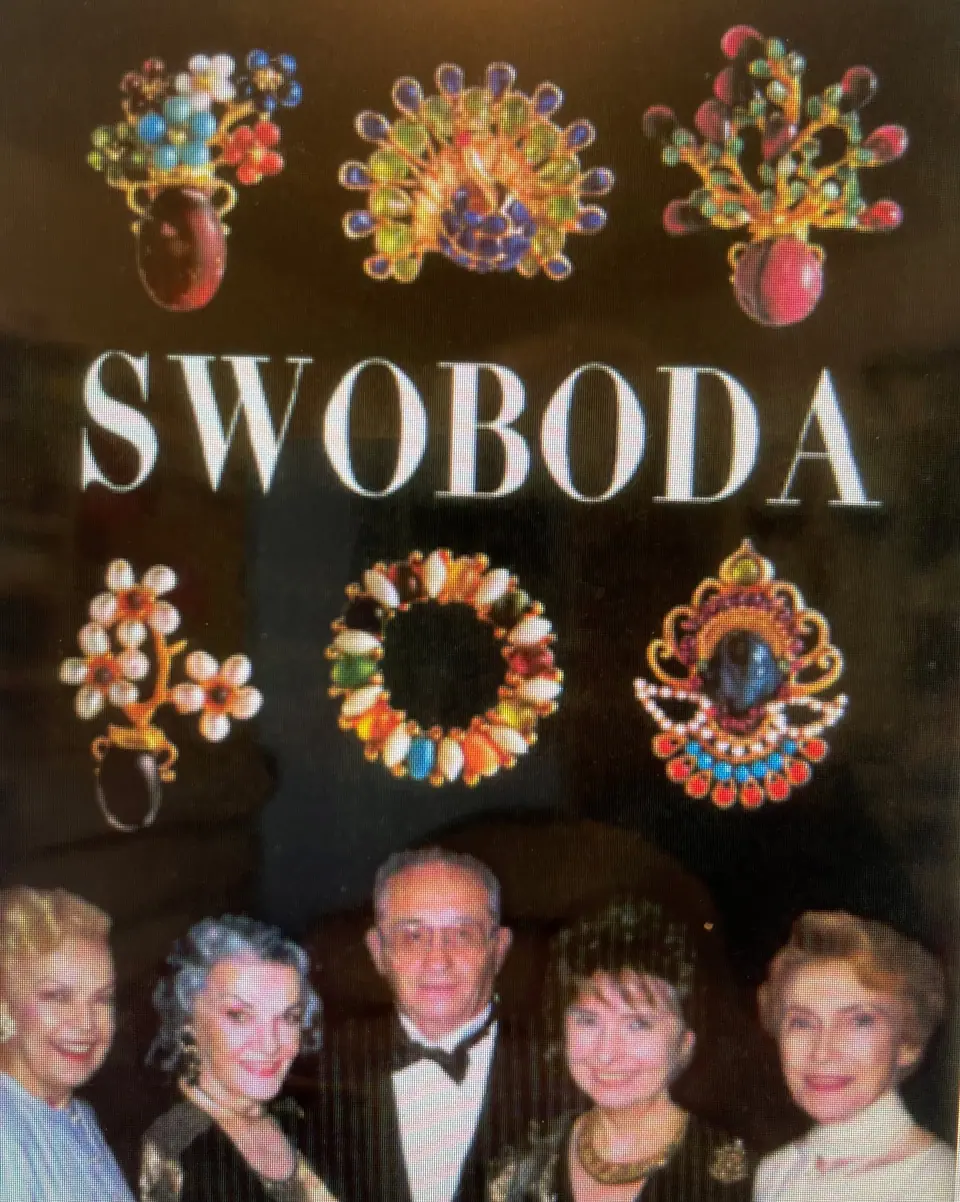 Jewel Collect magazine cover reading SWOBODA with six gemstone brooches and Nate Waxman in a tuxedo with four women