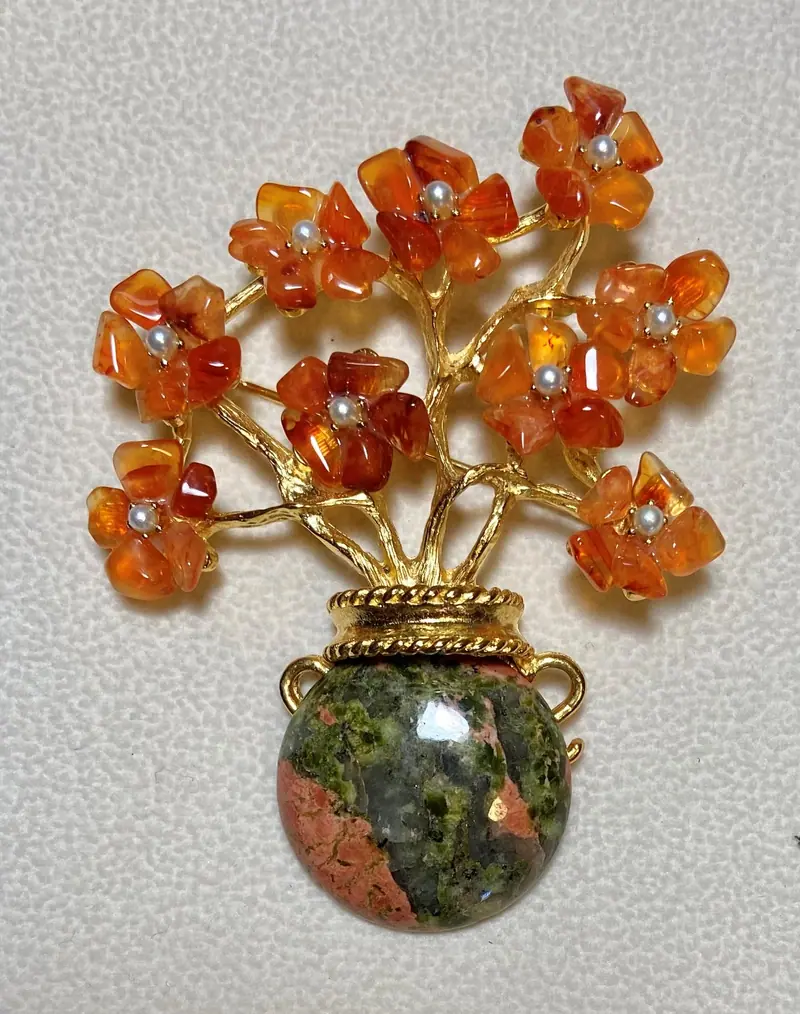 Flower Vase Brooch — Carnelian, Pearl and Jasper